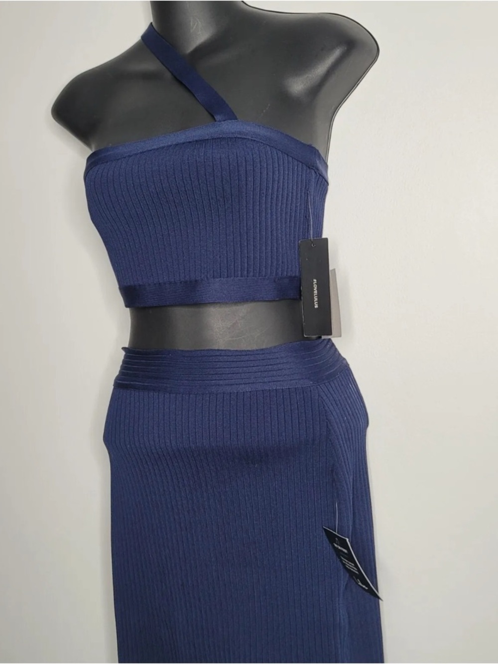 Lulus Navy Ribbed One-Shoulder Knit Dress Set medium